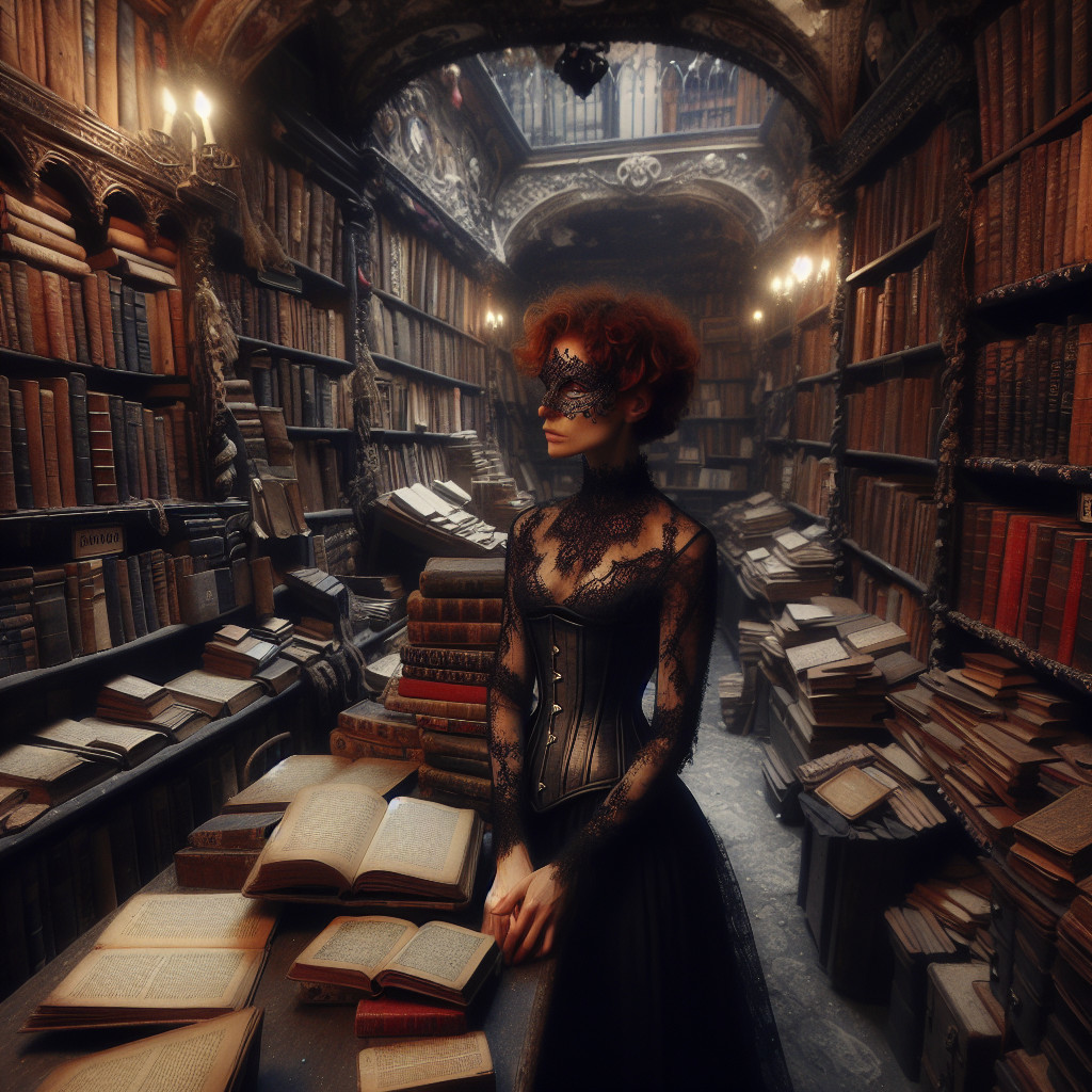 Mysterious Woman in Ancient Library with Candlelight