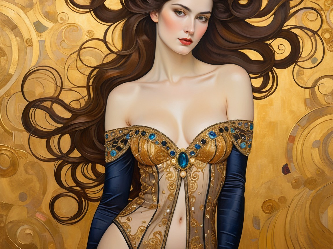 Elegant woman in ornate bodice with gold patterns