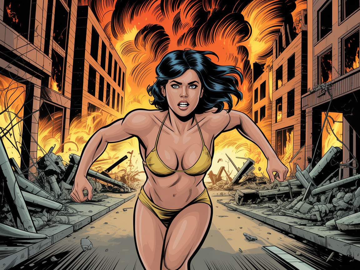 Comic Book Scene of Woman Running from Flames