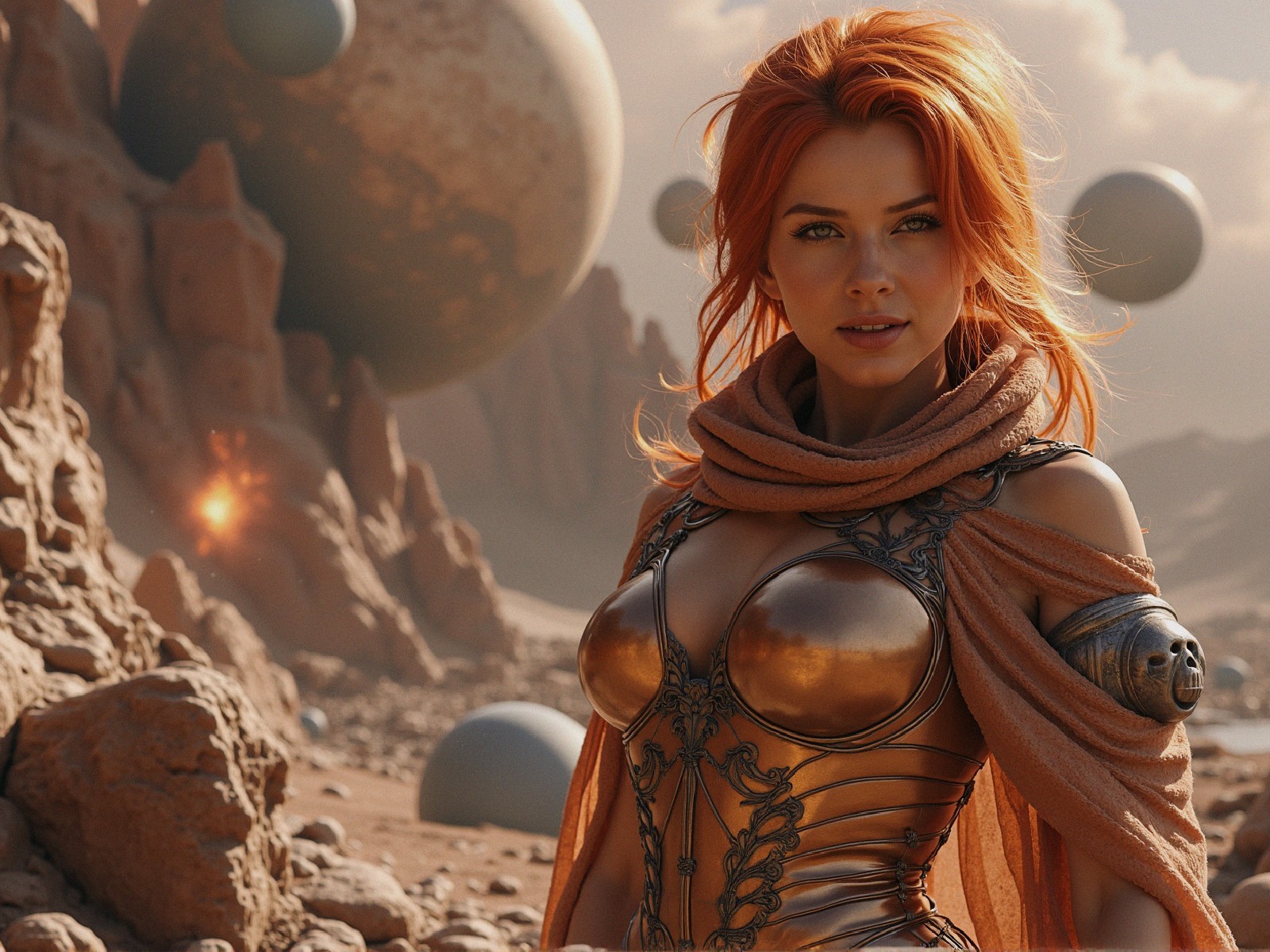 Surreal Figure in Futuristic Landscape with Orbs