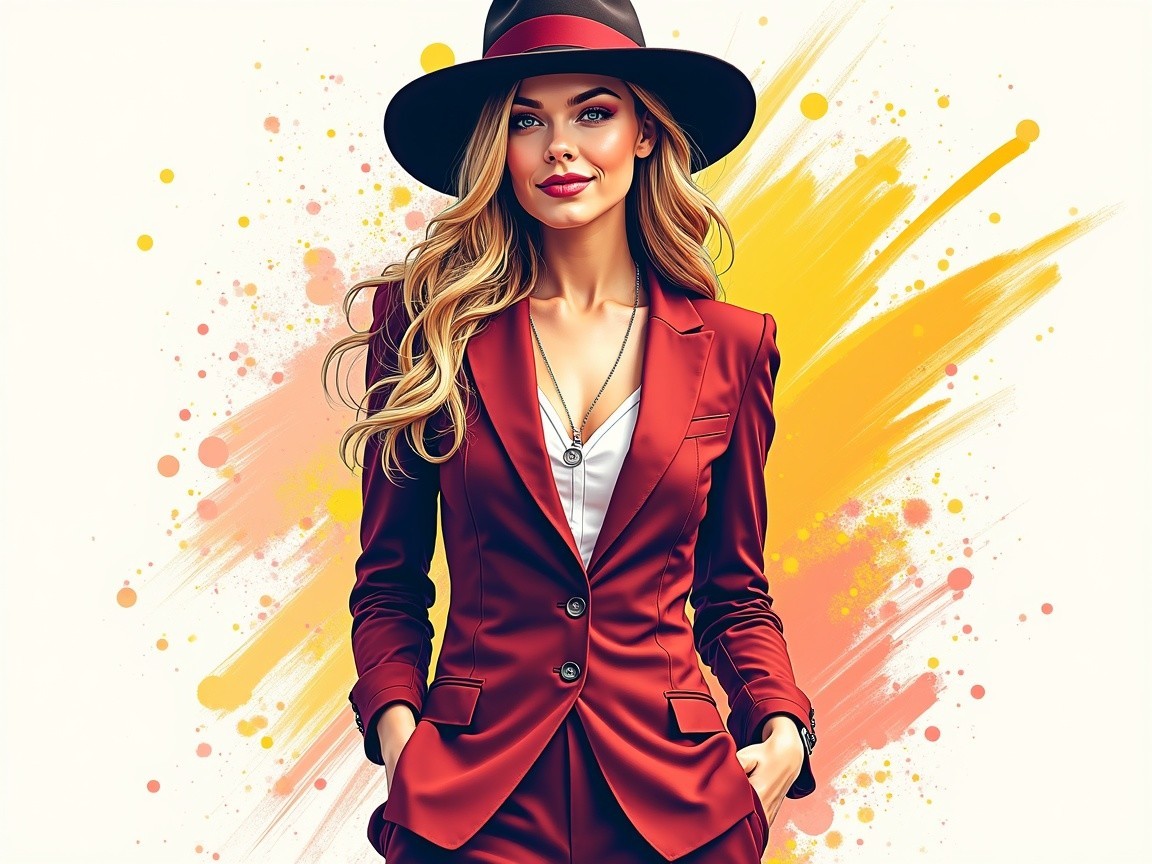 Stylish Woman in Red Suit with Colorful Background