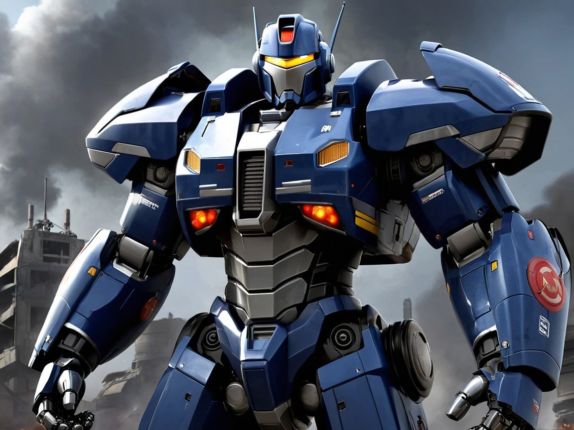 Futuristic Blue Robotic Suit in Apocalyptic Setting