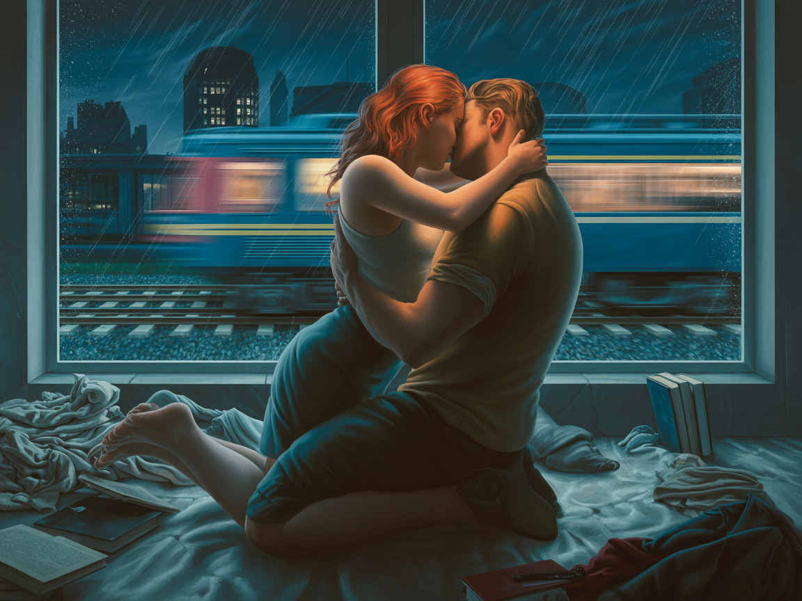 Cozy Room with Couple Kissing Amid Rainy City Lights