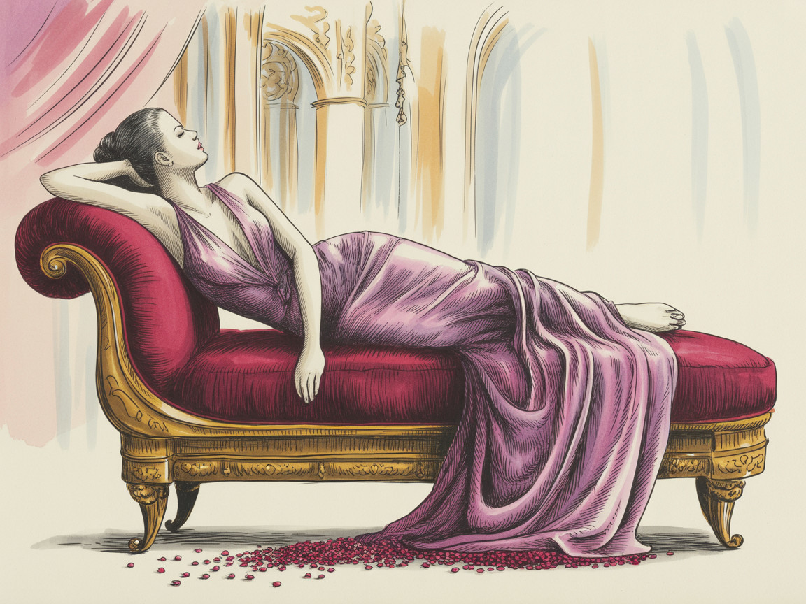 Anime Character in Purple Dress on Red Gold Couch