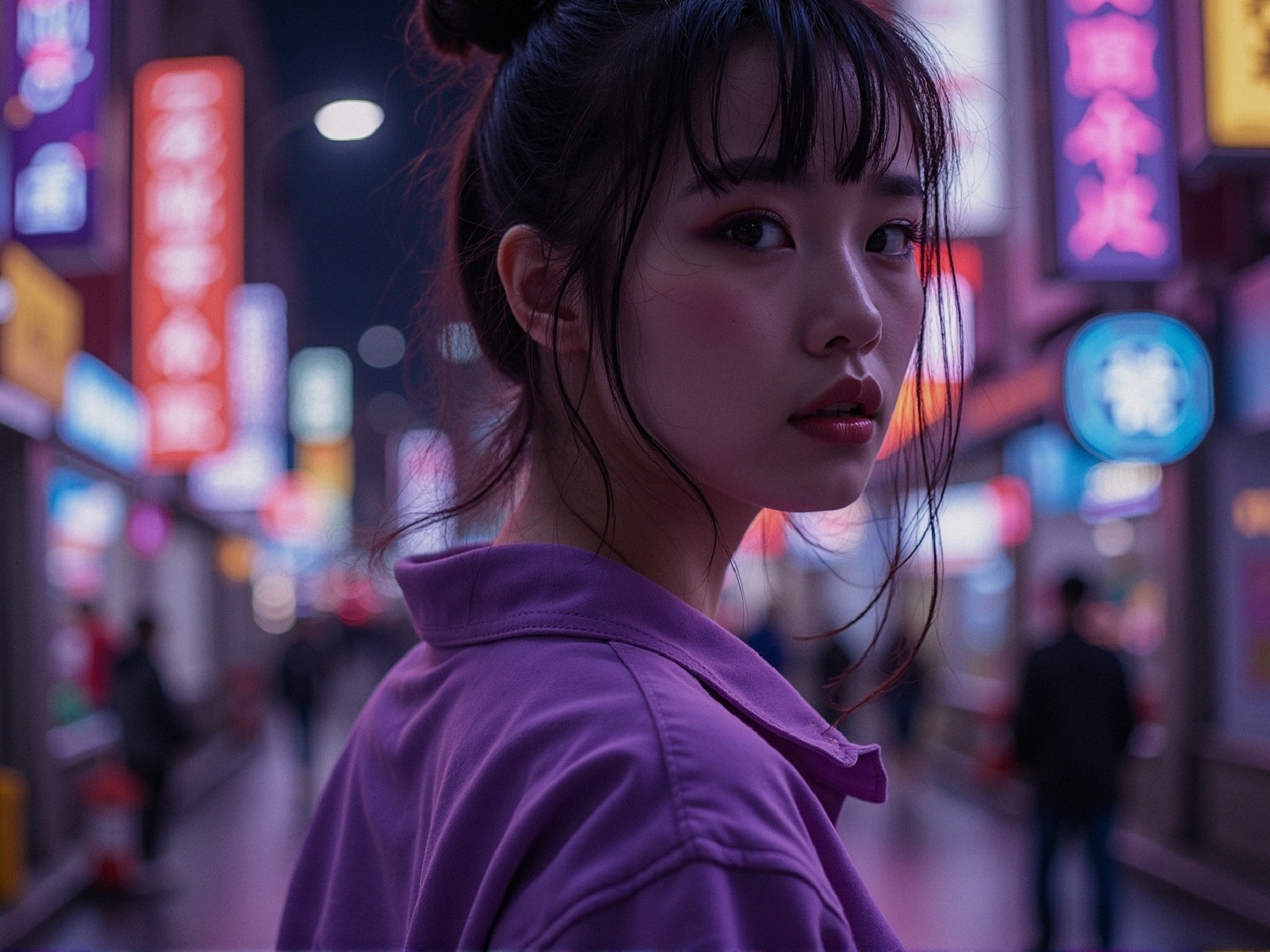 Young woman in neon-lit urban street scene