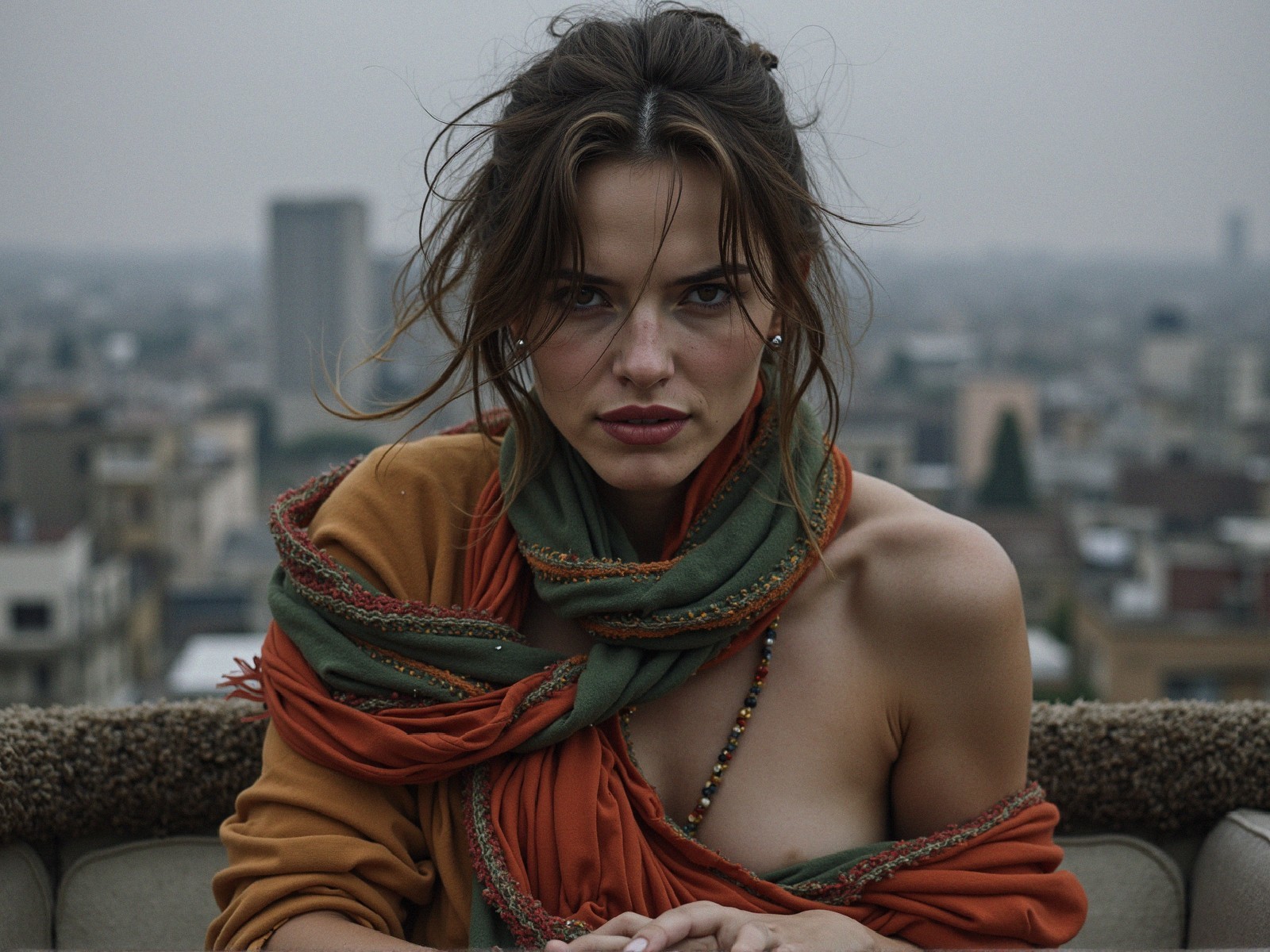 Young woman in mustard top with city skyline backdrop