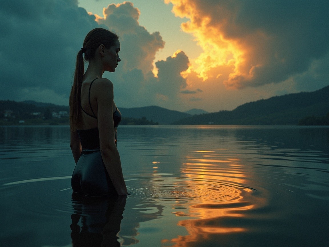 Silhouette of a woman in a tranquil lake at sunset
