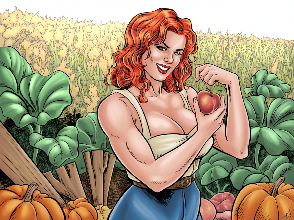 Muscular Woman with Red Hair and Apple in Harvest Scene