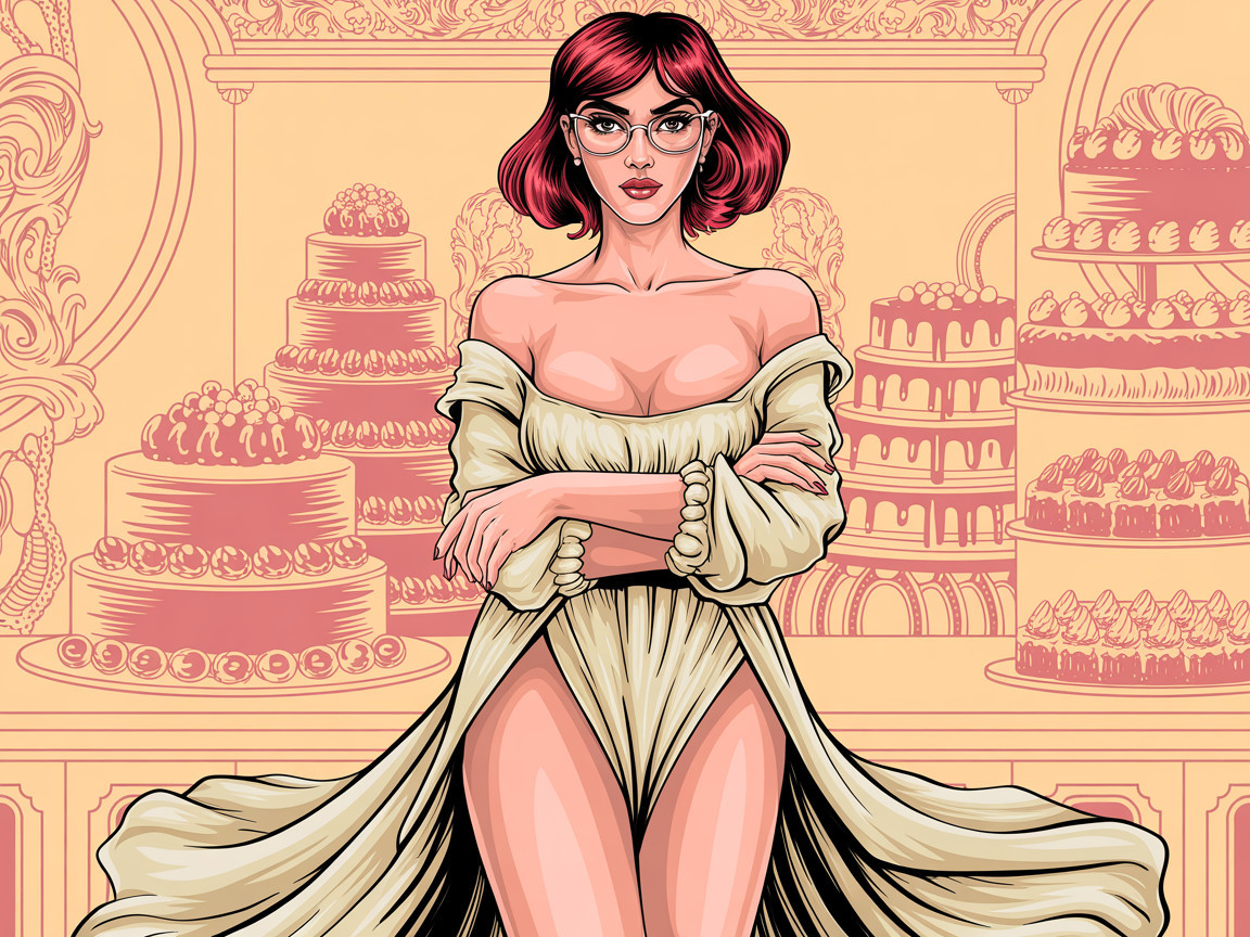 Confident Woman in Off-White Dress Among Pastries