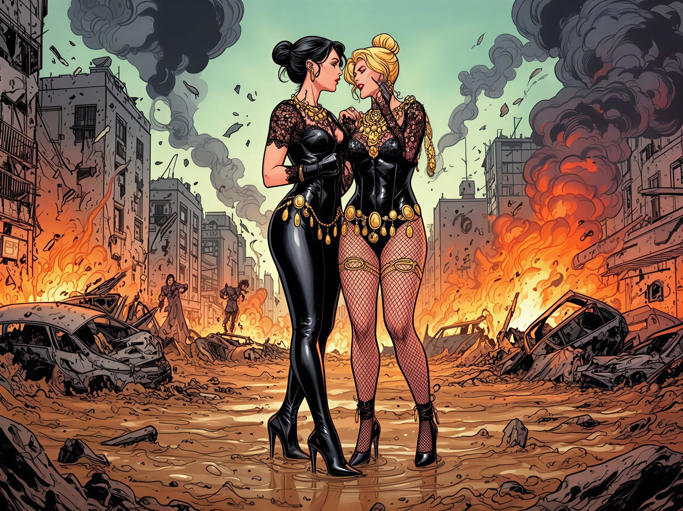 Women in a war zone with burning cars and smoke