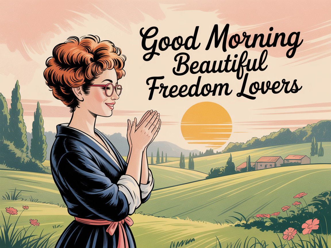 Cheerful Woman in Scenic Landscape with Sunrise