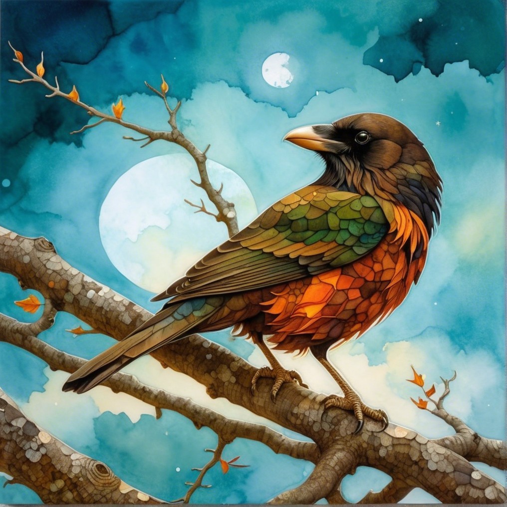 Colorful Bird on Branch with Moonlit Background