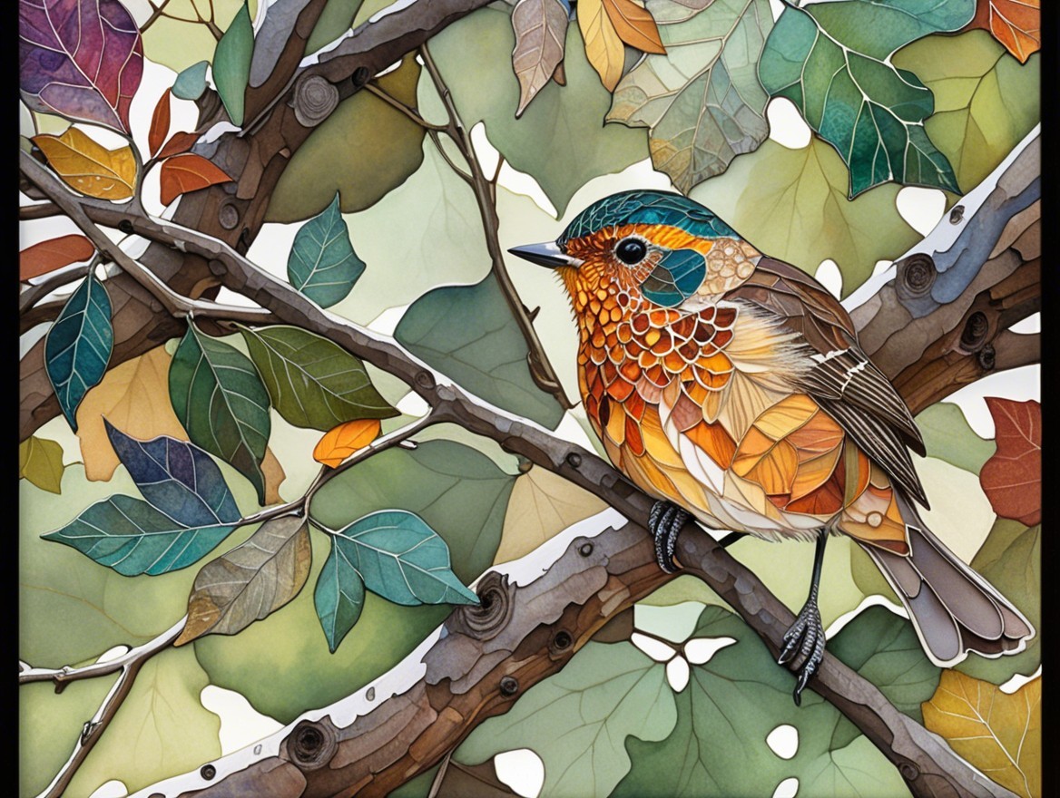 Bird on Branch with Colorful Leaves and Patterns
