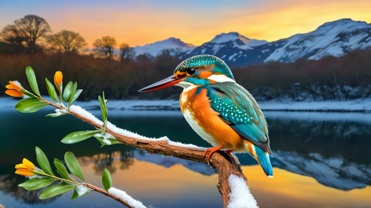 Kingfisher on Snowy Branch Against Sunset Lake Scene