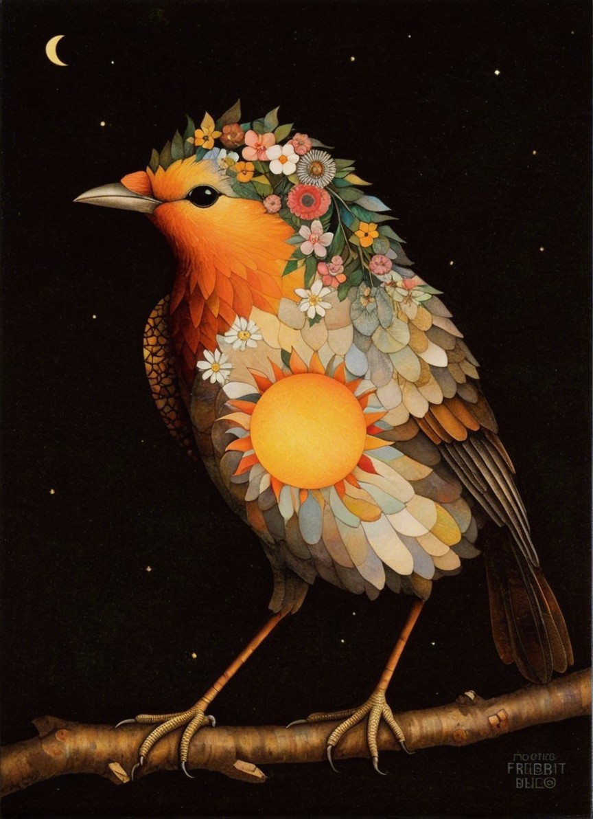 Illustration of a Colorful Bird with Floral Crown
