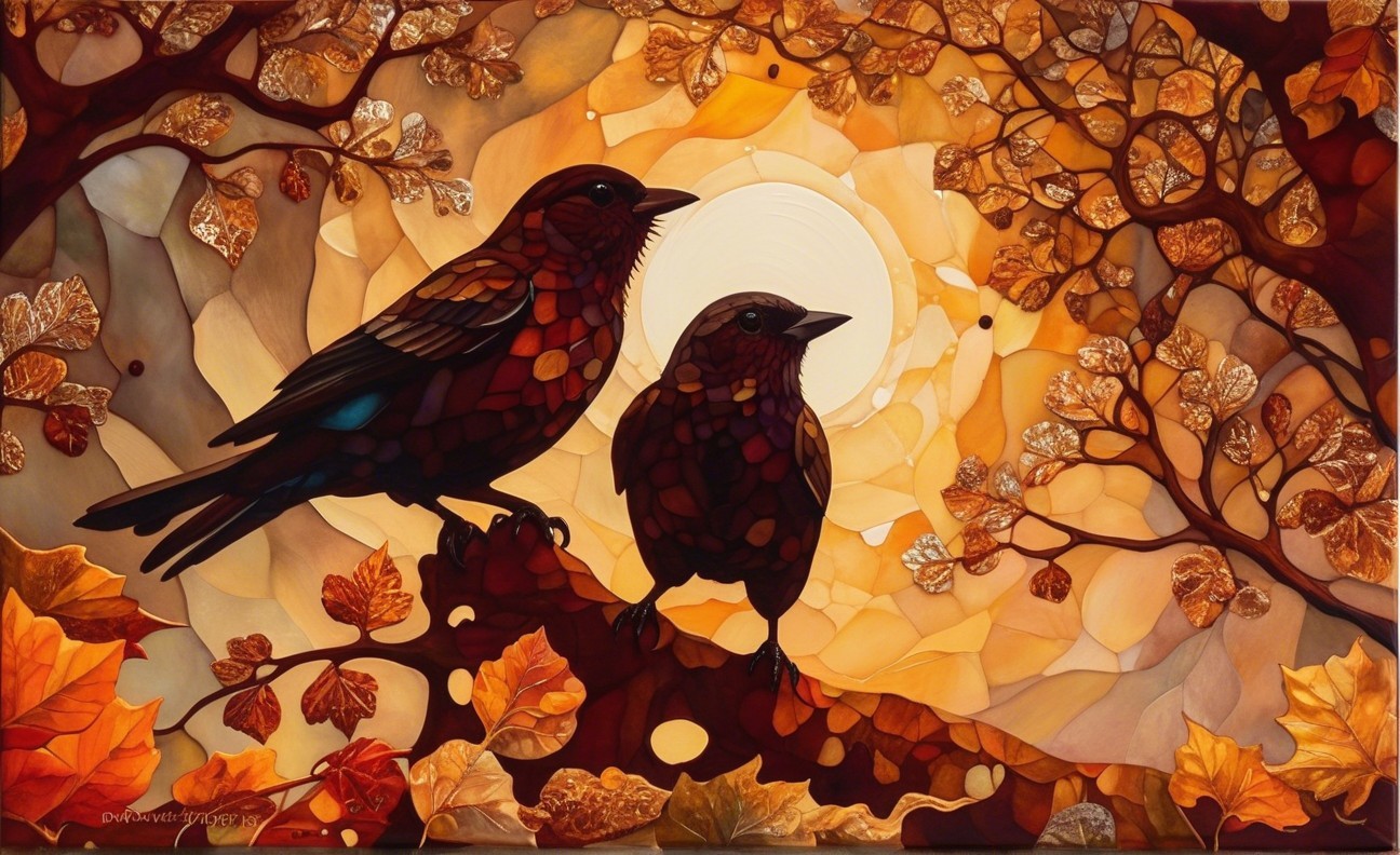 Stylized Birds on Branch with Autumn Leaves and Sunlight