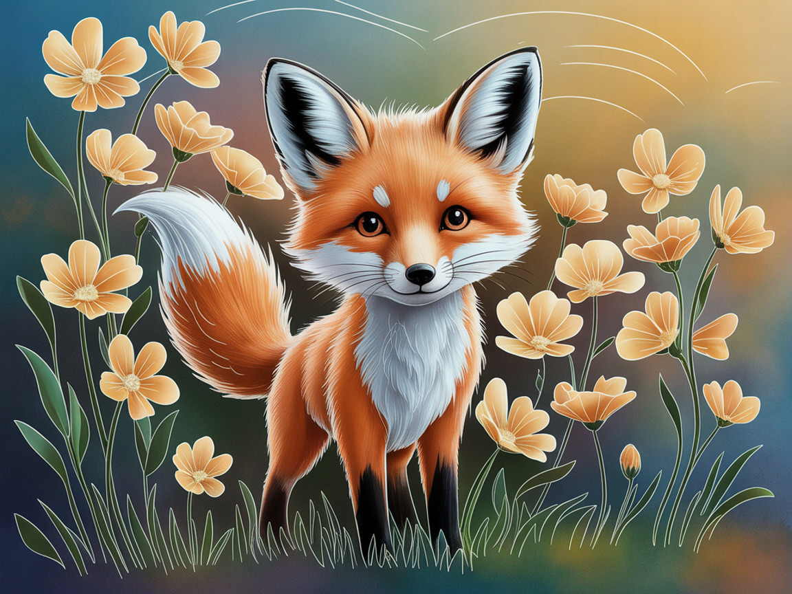 Cartoon Fox Surrounded by Vibrant Yellow Flowers
