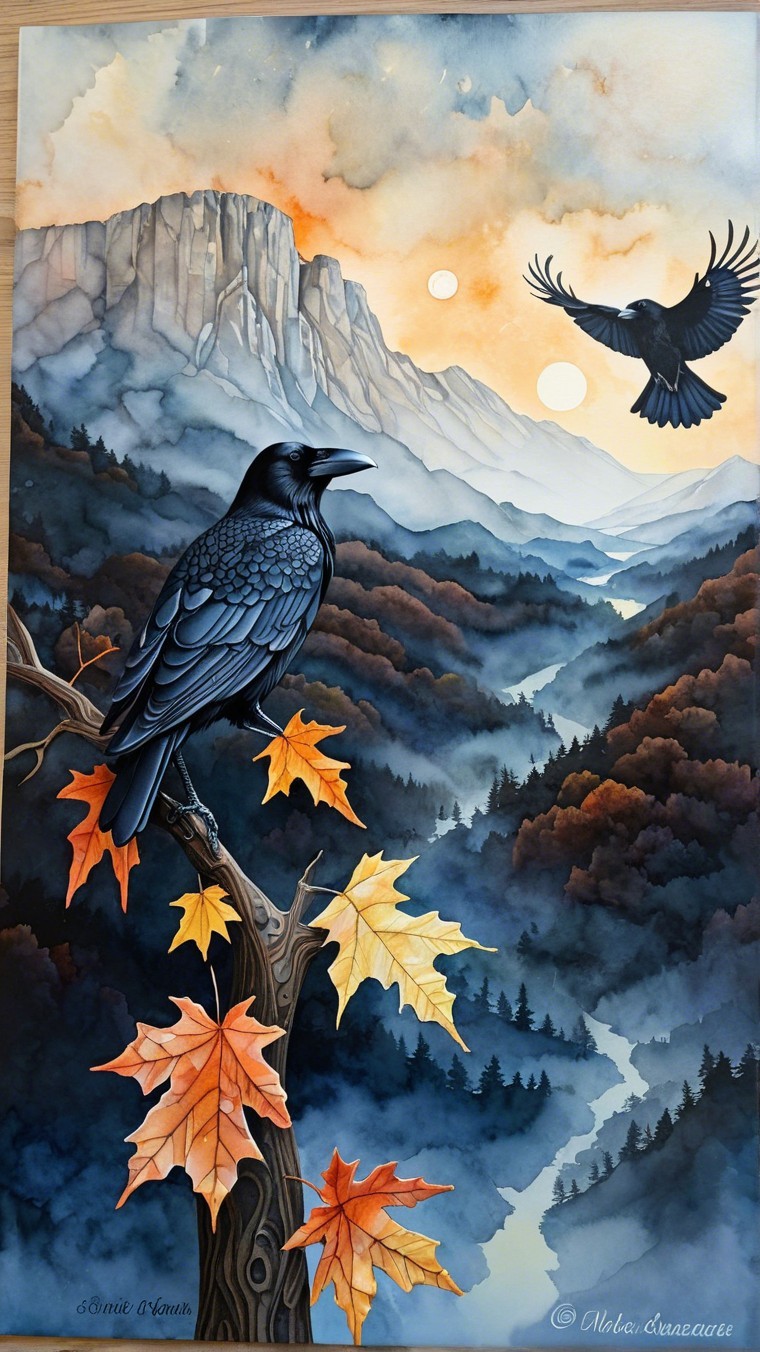 Serene Landscape with Mountains and Glowing Suns