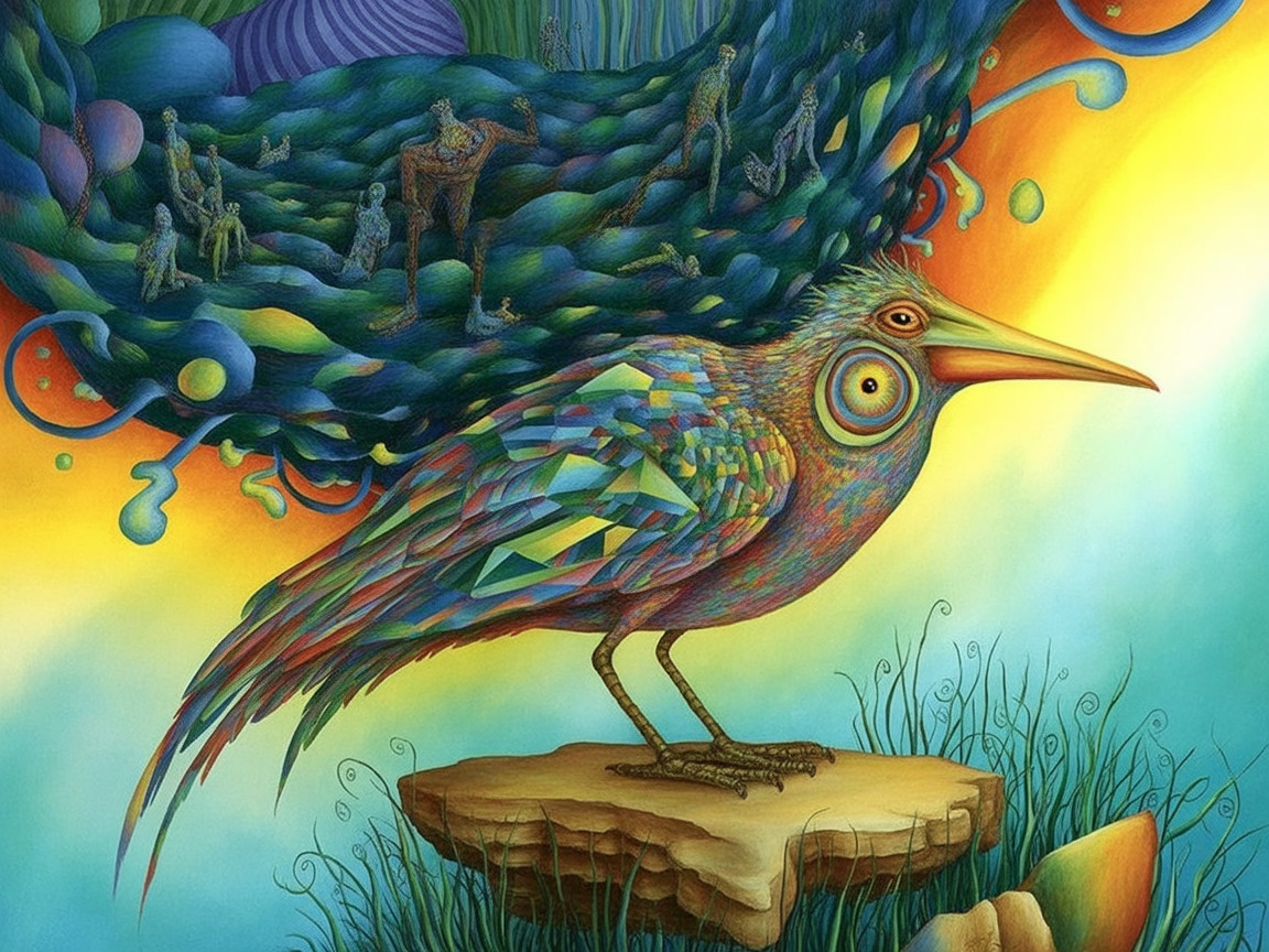 Vibrant Surreal Bird with Kaleidoscopic Plumage