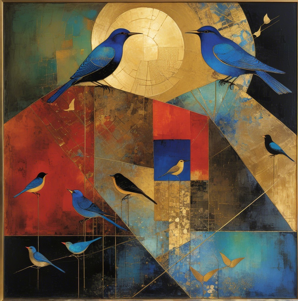 Vibrant Blue Birds Among Geometric Shapes and Colors