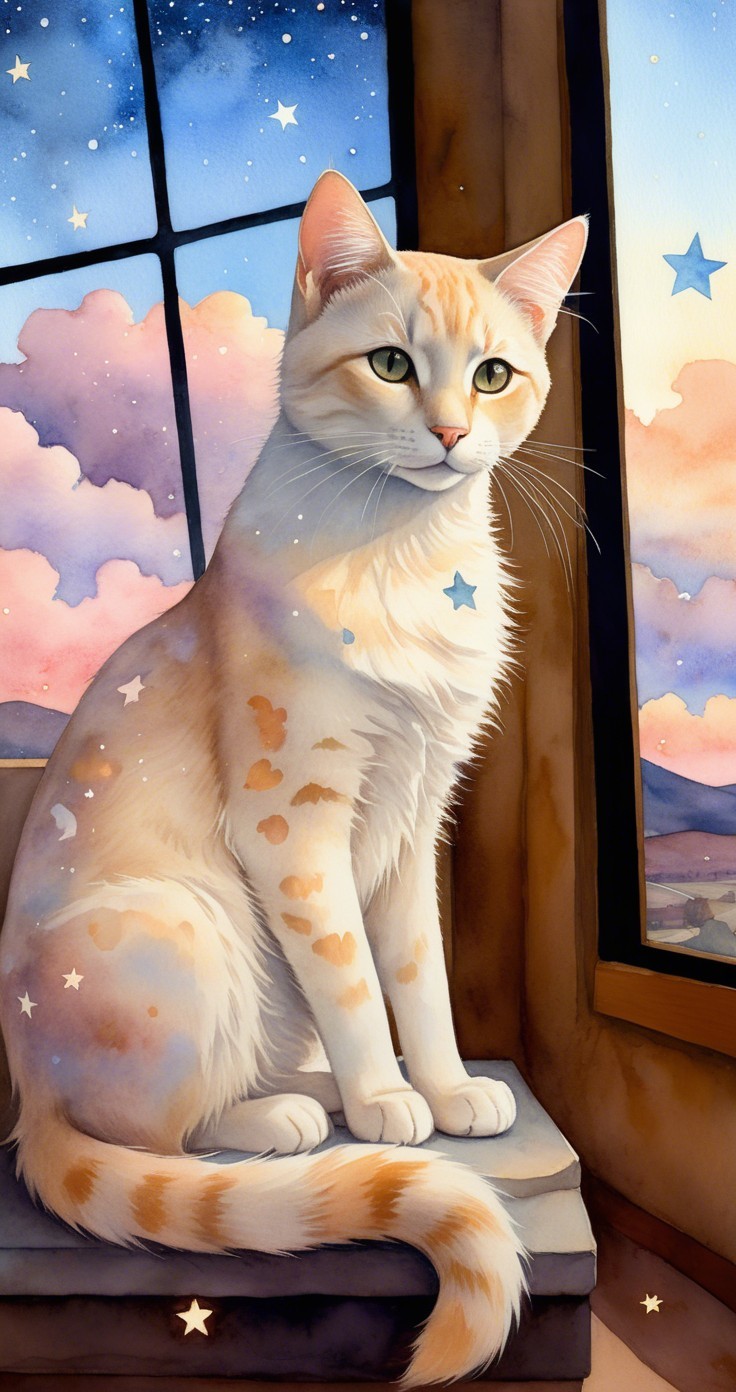 Serene Cat on Windowsill with Dreamy Landscape View