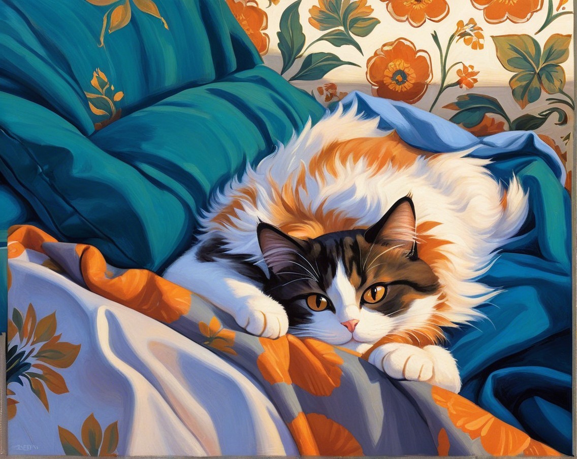 Calico Cat on Colorful Bedspread with Pillows