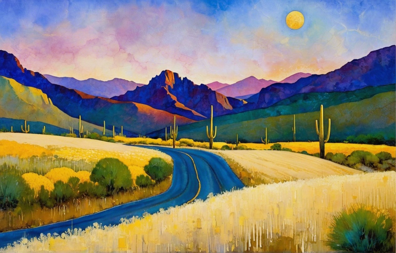Vibrant Desert Landscape with Cacti and Mountains