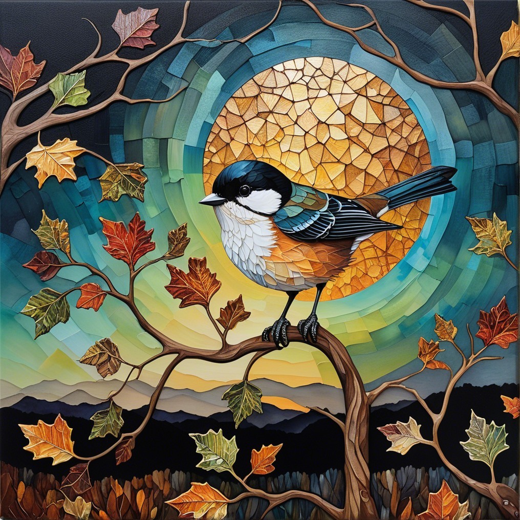 Vibrant Bird on Branch with Mosaic Moon and Leaves
