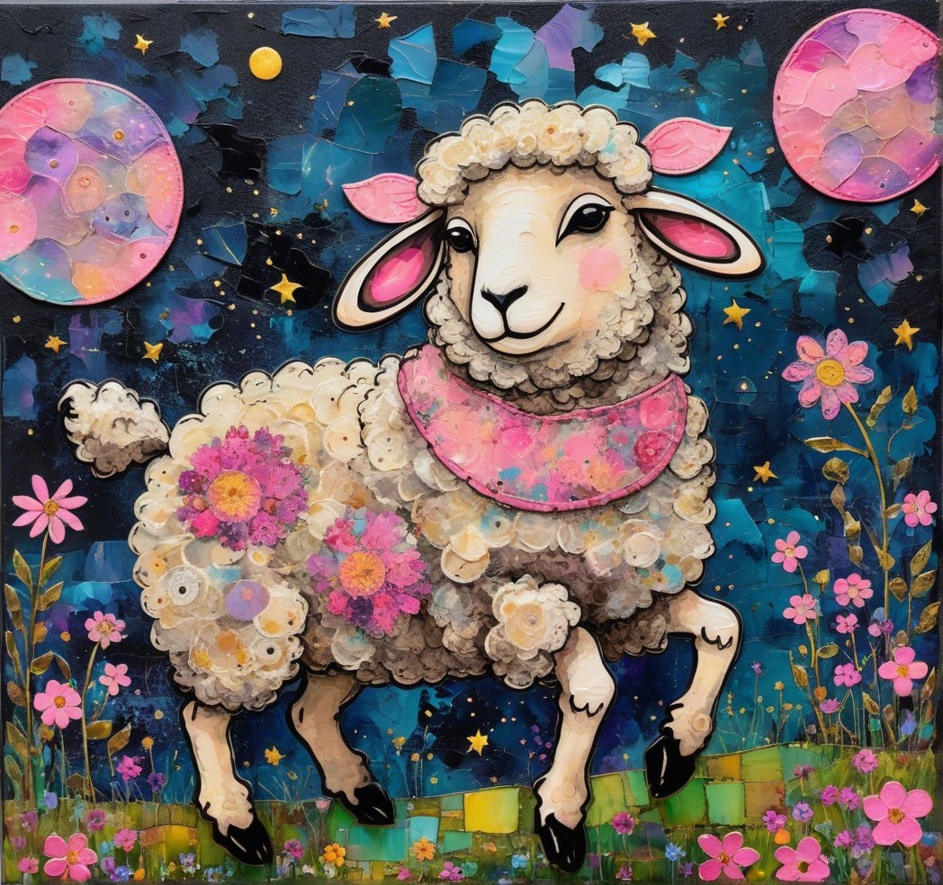 Cheerful sheep in a flower field under starry sky