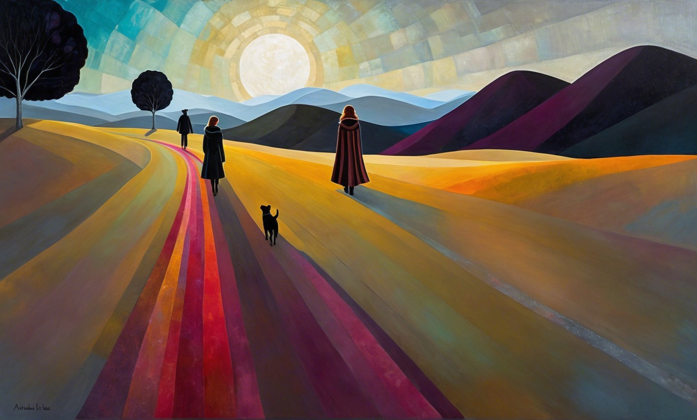 Surreal Landscape with Colorful Striped Road and Sun