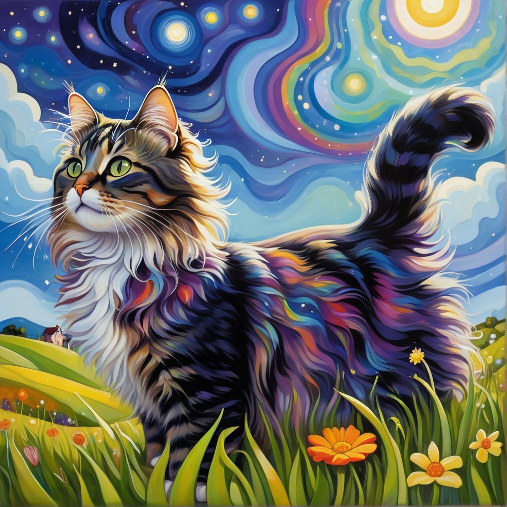 Colorful Cat in a Dreamlike Flower Field Painting