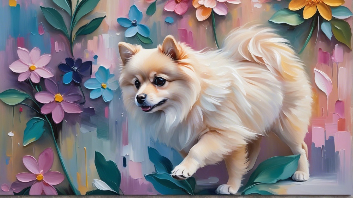 Pomeranian Dog in Colorful Flower Garden Scene