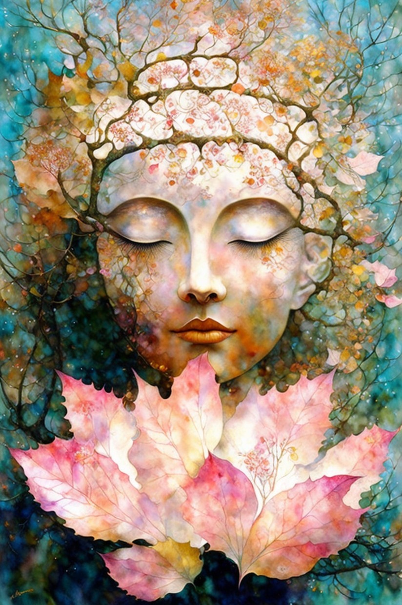 Serene Woman with Closed Eyes and Colorful Background