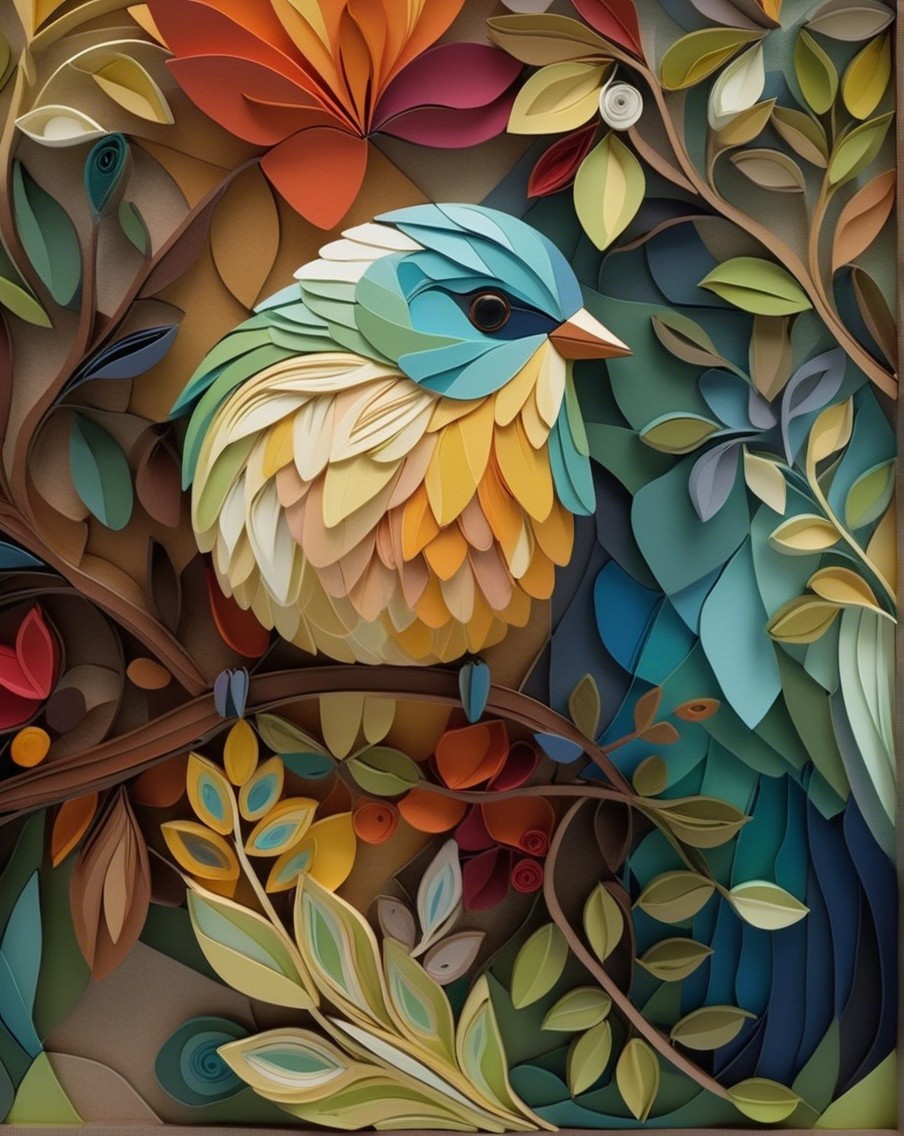 Stylized Bird Artwork with Layered Paper and Colorful Background