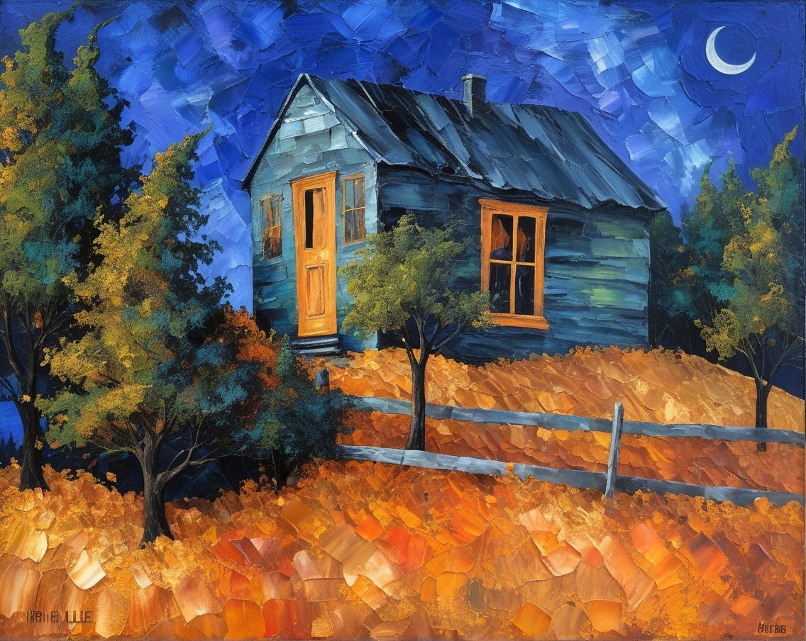 Rustic Wooden House Under Crescent Moon at Night