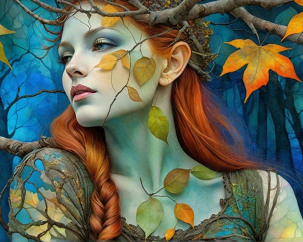 Mystical Figure with Red Hair in Nature's Embrace