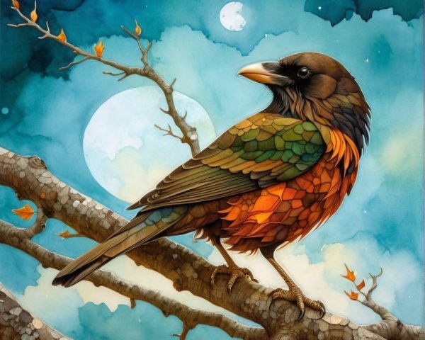 Colorful Bird on Branch with Moonlit Background