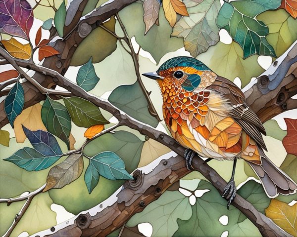Bird on Branch with Colorful Leaves and Patterns