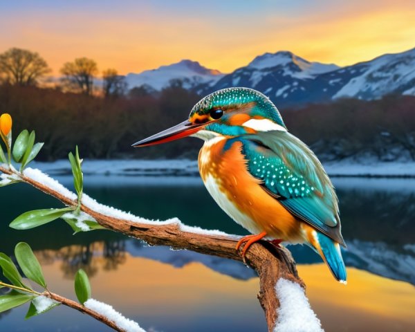 Kingfisher on Snowy Branch Against Sunset Lake Scene