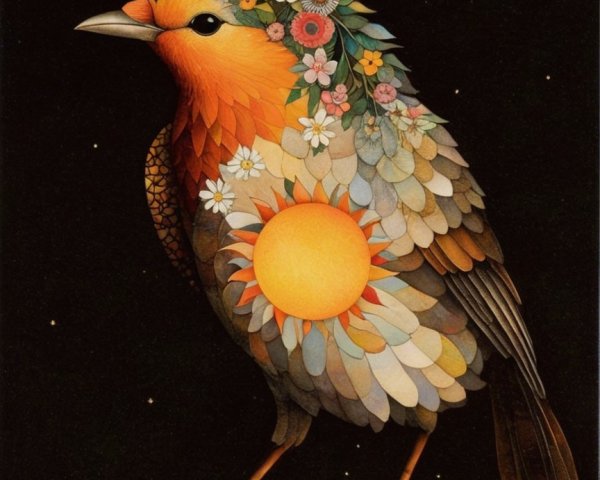 Illustration of a Colorful Bird with Floral Crown