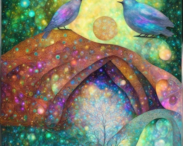 Vibrant Digital Painting of Birds Under a Full Moon