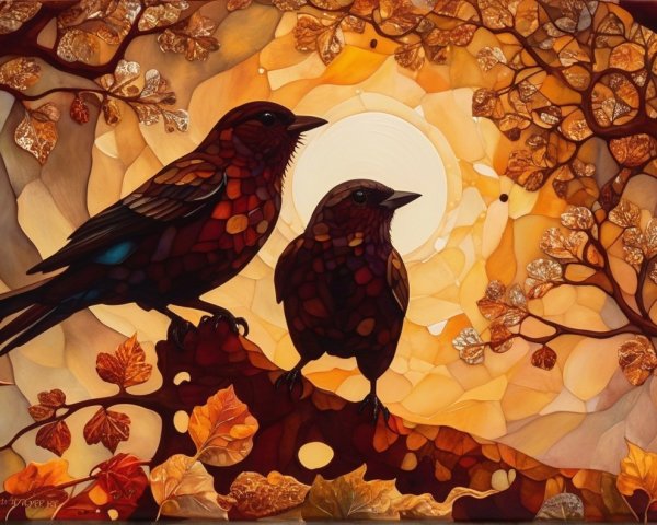 Stylized Birds on Branch with Autumn Leaves and Sunlight