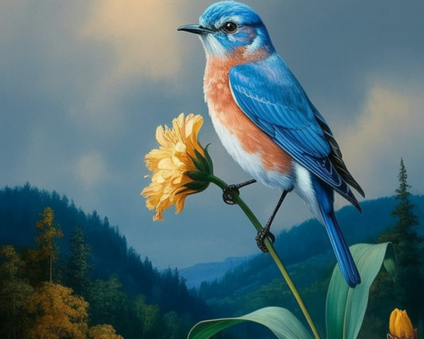Bluebird on Yellow Flower by Serene Lake Landscape