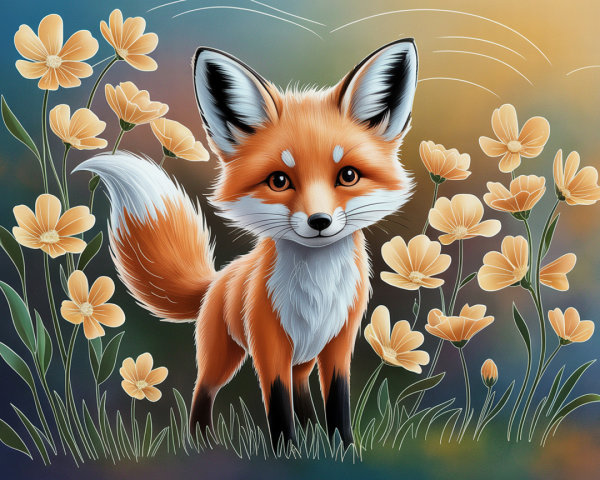 Cartoon Fox Surrounded by Vibrant Yellow Flowers