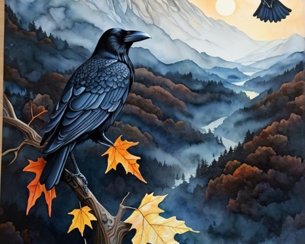 Serene Landscape with Mountains and Glowing Suns