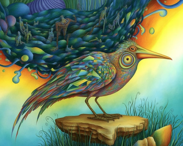Vibrant Surreal Bird with Kaleidoscopic Plumage