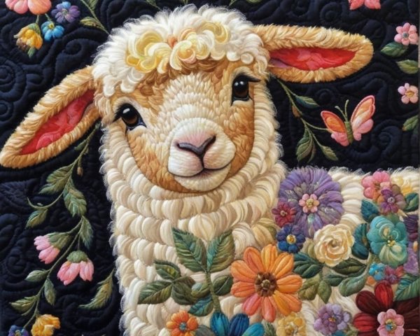 Embroidered Sheep with Floral Designs and Butterflies