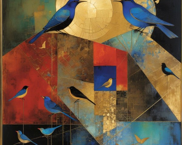 Vibrant Blue Birds Among Geometric Shapes and Colors