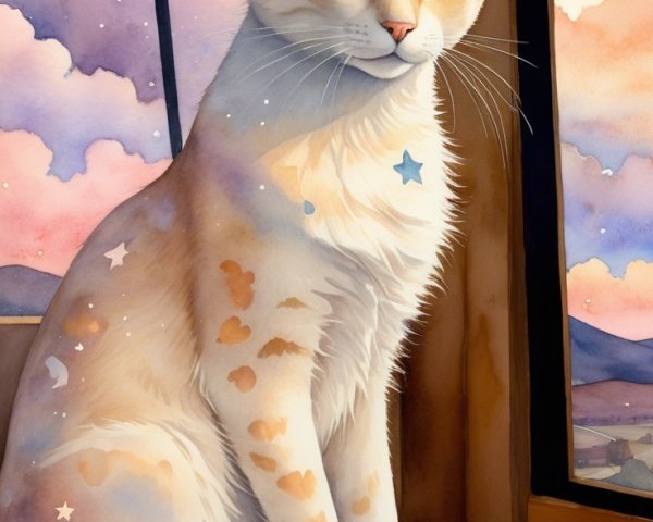 Serene Cat on Windowsill with Dreamy Landscape View