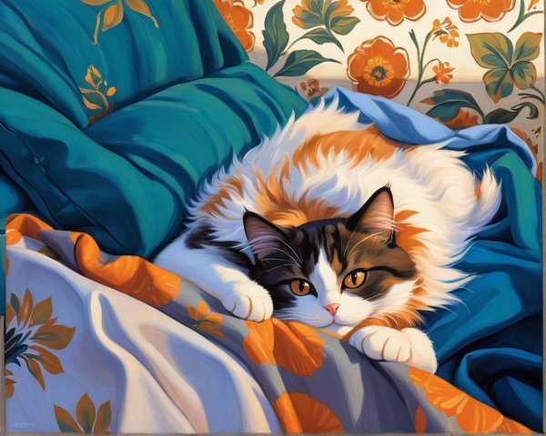 Calico Cat on Colorful Bedspread with Pillows